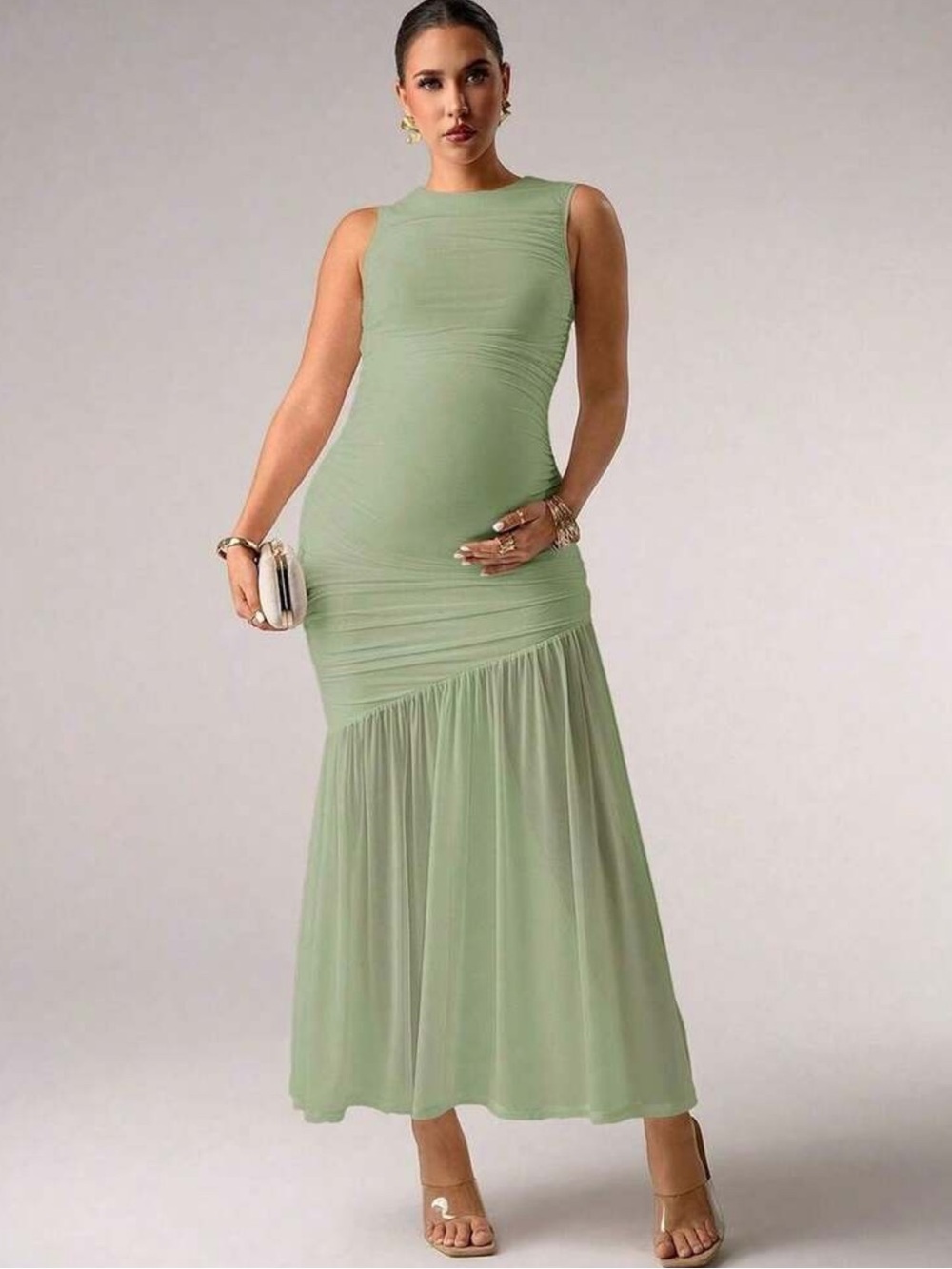 NWT Maternity Sleeveless Sage Green Maxi Dress with Sheer Lower Skirt